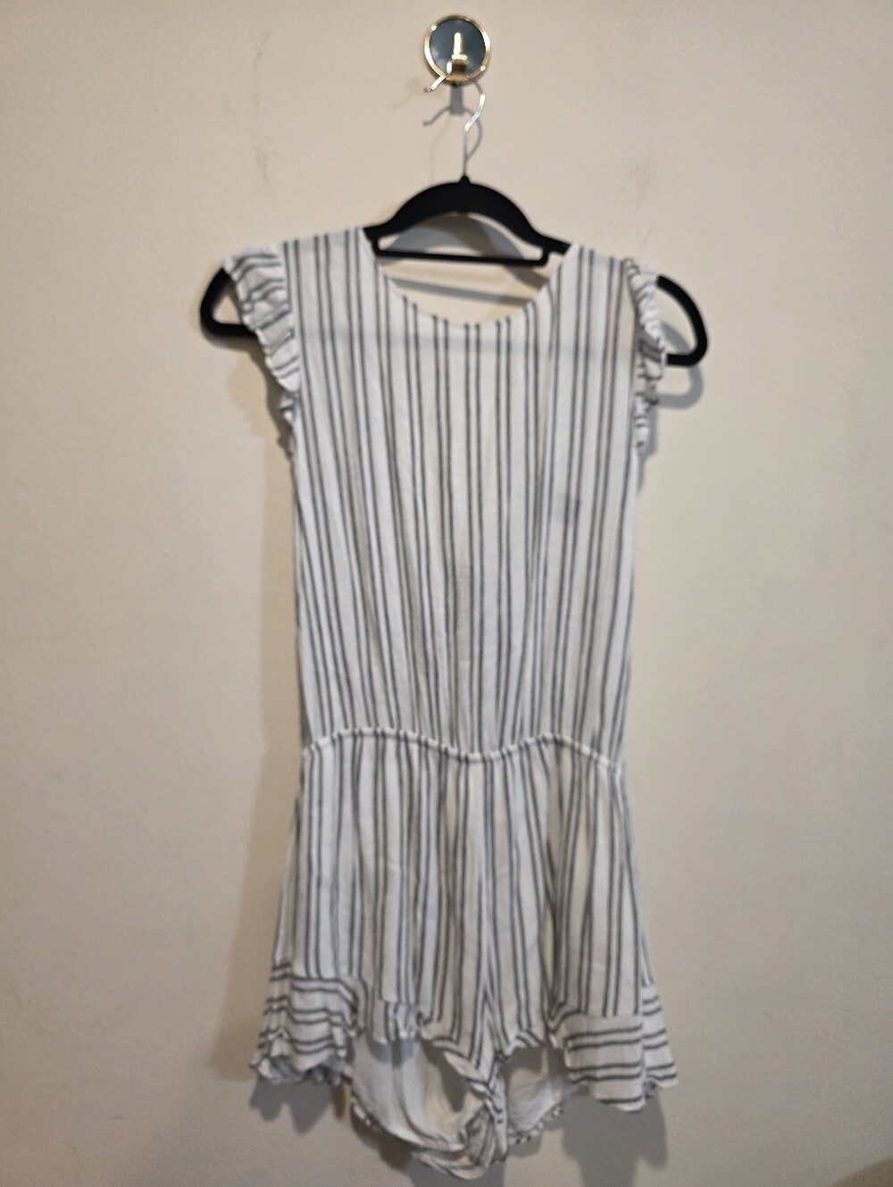 Aqua White and Black Striped Ruffle-Sleeve Dress